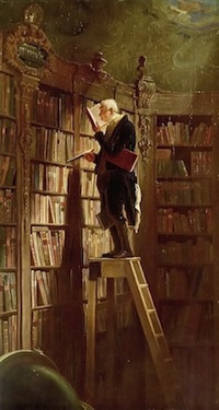 Spitzweg painting of a man on a ladder in his library reading a book